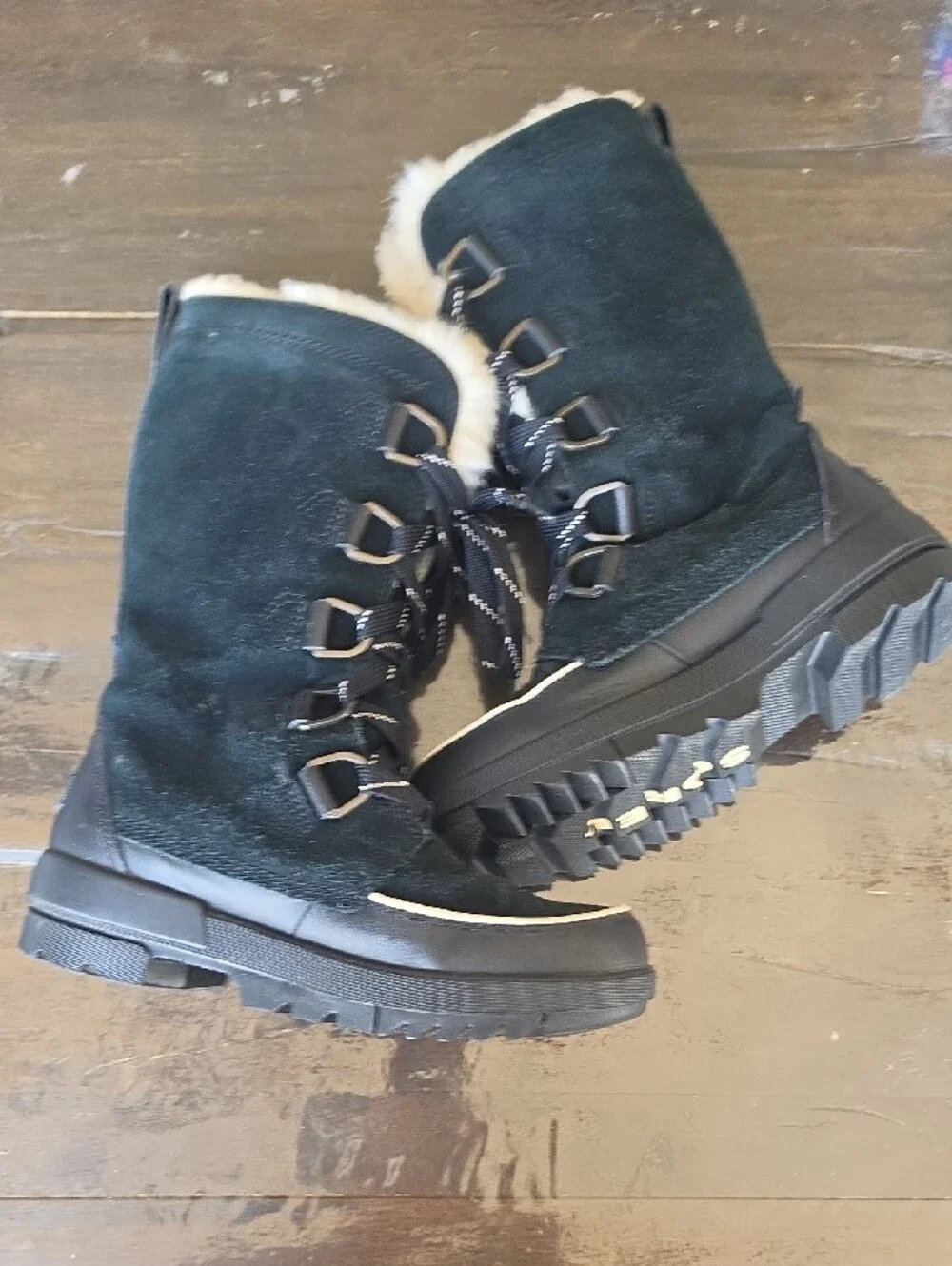 (8) Sorel Black Waterproof Lace-Up Winter Boots with Faux Fur Trim Suede Warm - Picture 7 of 10